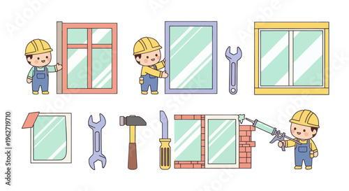 Cute cartoon construction workers installing windows with tools, flat design