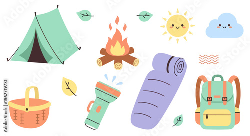 Cute Camping Gear Flat Vector Illustration Icons Set