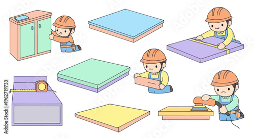 Cartoon construction workers with tools and materials, vector illustration