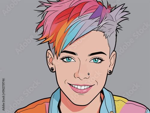 Young person with colorful hair stands against a gray background smiling and wearing a rainbow shirt