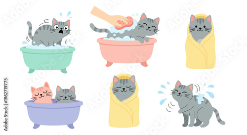 Cute Cat Bathing Illustration, Flat Style Vector Art