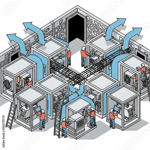 Isometric illustration of a server room with technicians working on computer equipment and airflow management.