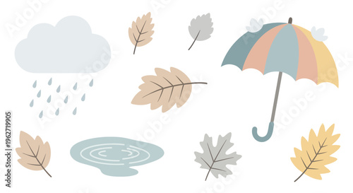 Autumn Rainy Day Flat Icon Set - Umbrella, Cloud, Leaves, Puddle