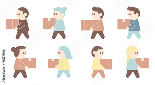 Flat style illustration of diverse people carrying boxes