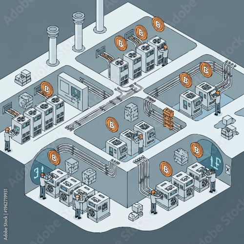Isometric illustration of a cryptocurrency mining farm with Bitcoin symbols and workers.