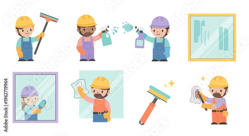 Flat cartoon window cleaning workers with tools and spray