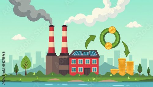 Sustainable Factory Transformation with Solar Panels Circular Economy Loop and Green Energy Concept