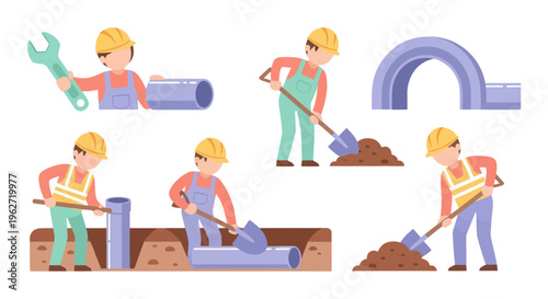 Construction workers dig and build with pipes and tools, flat vector illustration