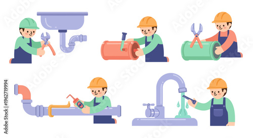 Flat Illustration of Plumber Fixing Pipes and Sink for Plumbing Services