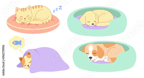 Cute Sleeping Cat and Dogs in Pet Beds, Flat Vector Illustration