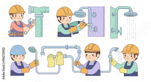 Cartoon Plumbers Installing Shower Heads and Pipes, Flat Vector Style
