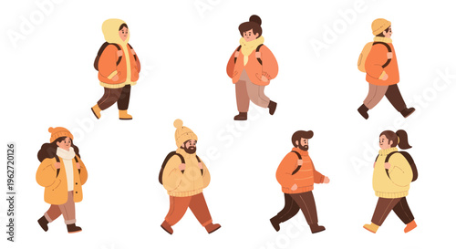 Children and adults walking in winter coats with backpacks, flat design