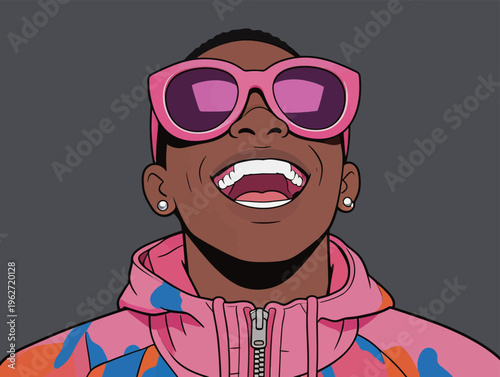 Person wearing pink sunglasses smiles widely against a dark background during a creative art presentation