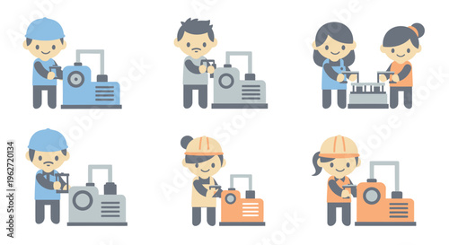 Flat Style Factory Workers Operating Machinery, Manufacturing Industry Concept