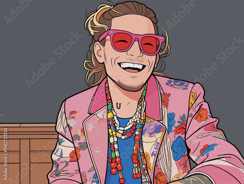 Creative person enjoys time while wearing colorful clothes and sunglasses in a relaxed setting with casual vibes