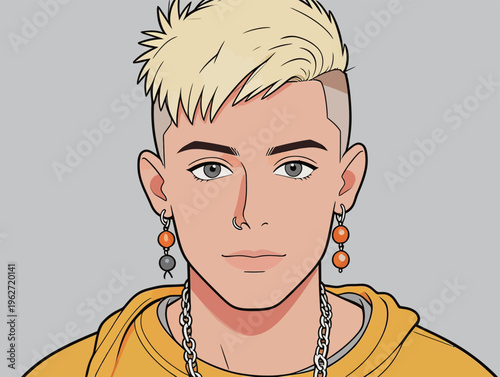 Young person with short blonde hair and earrings in a casual hoodie against a simple background in a digital artwork style