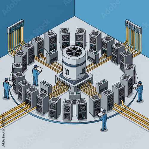 Isometric illustration of a server room with multiple computer racks and technicians monitoring the system.