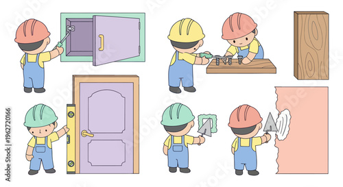 Construction workers in flat cartoon style fixing doors and walls
