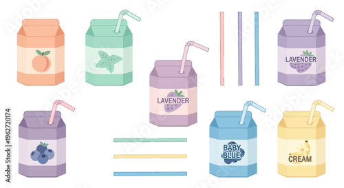 Flat Design Juice Boxes with Straws, Fruit Flavors, Vector Illustration