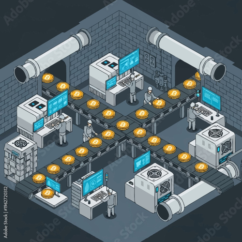 Isometric illustration of a cryptocurrency mining factory with bitcoin coins on a conveyor belt.