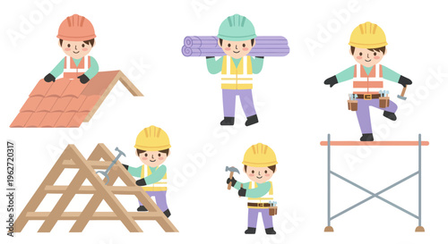 Flat Vector Illustration of Cartoon Construction Workers Building, Roofing, and Scaffolding