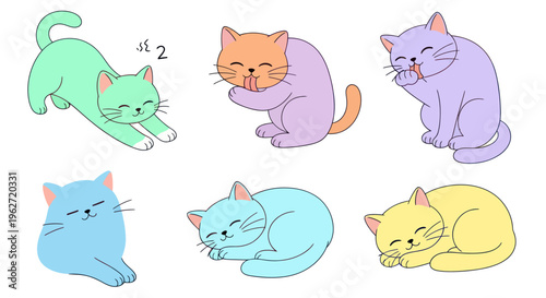 Cute cartoon cats in various poses, flat vector illustration