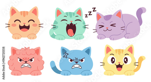 Adorable Cartoon Cats with Different Emotions, Flat Design Vector