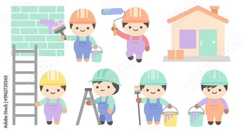 Cute Cartoon Construction Workers Painting House with Tools
