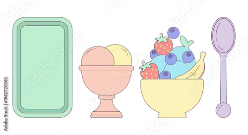 Simple flat illustration of colorful ice cream and fruits with a spoon and container