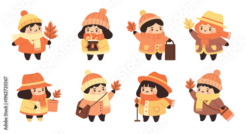 Autumn Kids Vector, Cute Children in Fall Outfits with Leaves, Flat Style