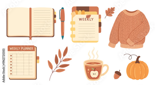 Autumn Flat Illustration: Sweater, Pumpkin, Hot Drink, Planner, Notebook, Pen