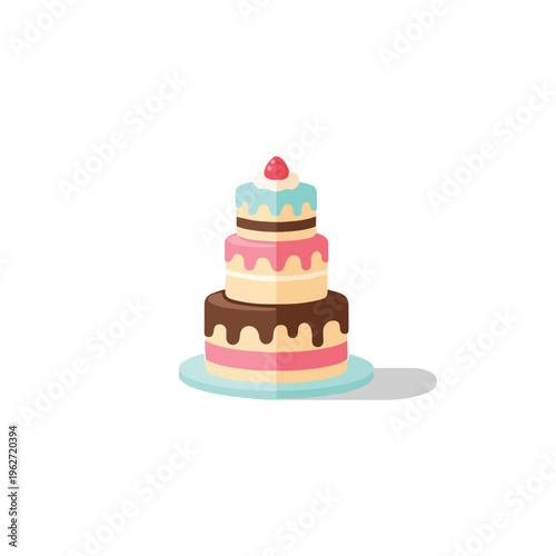 Delicious Three Tiered Cake with Colorful Icing and Cherry Topping.
