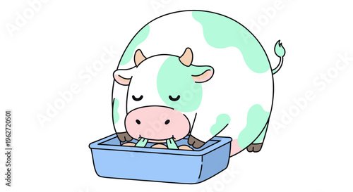 Cute cartoon cow eating from blue trough, flat vector illustration