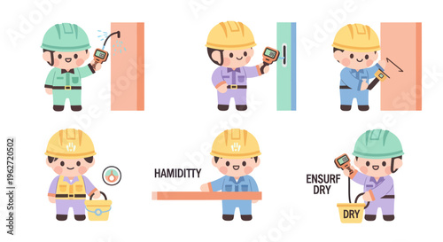 Construction worker measuring humidity with device, flat style illustration