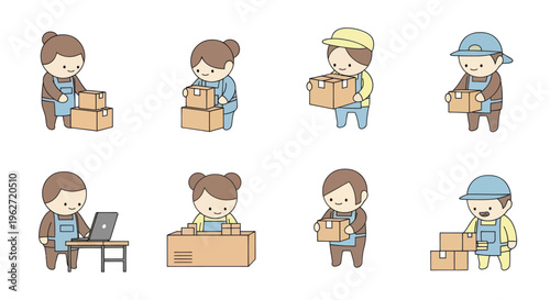 Cute cartoon delivery workers stacking and carrying boxes, flat style