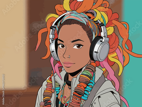 Young woman with colorful hair and headphones enjoys music in a casual setting during the day