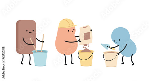 Cute Construction Characters Mixing Cement With Buckets and Trowel Flat Style