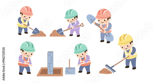Cute cartoon construction workers digging, building, and raking