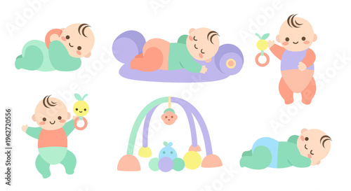 Flat vector illustration of babies and toys for nursery or childhood theme