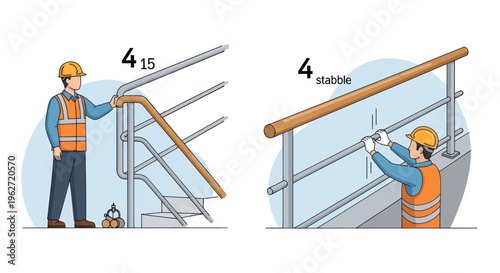 Construction Worker Installing Handrail on Stairs, Safety Equipment, Vector