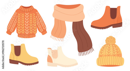 Flat vector set of warm winter clothing for autumn and cold weather