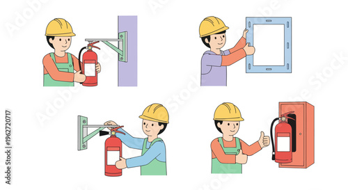 Workplace Safety Fire Extinguisher Installation and Maintenance Flat Vector Illustration