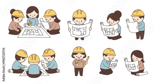 Flat Cartoon Construction Architects Engineers Working Blueprints Hard Hats Vector Set
