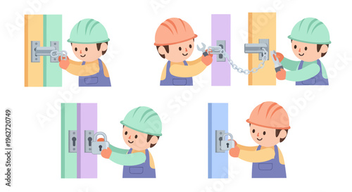 Flat Illustration of Workers Installing Door Security Latches, Chains, and Padlocks for Home Improvement