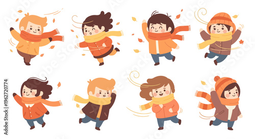 Happy Autumn Kids Playing in Wind - Flat Illustration of Cheerful Children in Warm Clothes