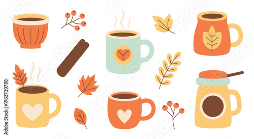 Cozy Autumn Drinks Flat Vector Set with Mugs, Fall Leaves, Berries  Cinnamon Elements