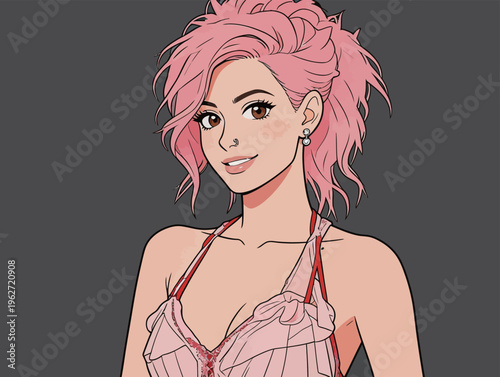 Young woman with pink hair wearing a stylish outfit poses for a portrait on a dark background during the day