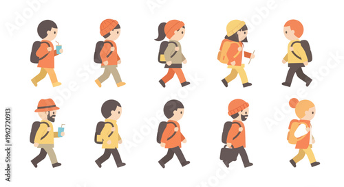 Flat Vector Illustration of Diverse People Walking with Backpacks - Travel, Hiking, and Education