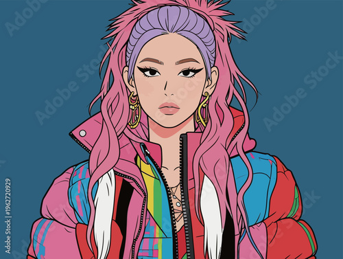 Colorful cartoon character with pink hair in a stylish jacket standing against a blue background