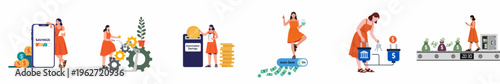 Set of Flat Vector Illustrations Representing Automated Savings Concepts and Financial Management for Wealth Growth and Digital Banking